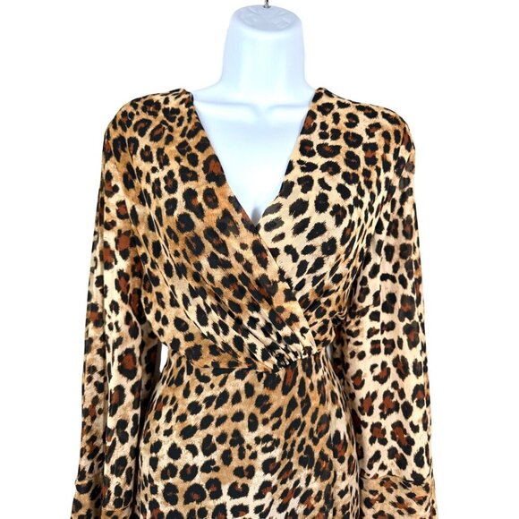 Zara Leopard Print Midi Dress Long Sleeve V-Neck chiffon wrap‎ sz L - Picture 4 of 10